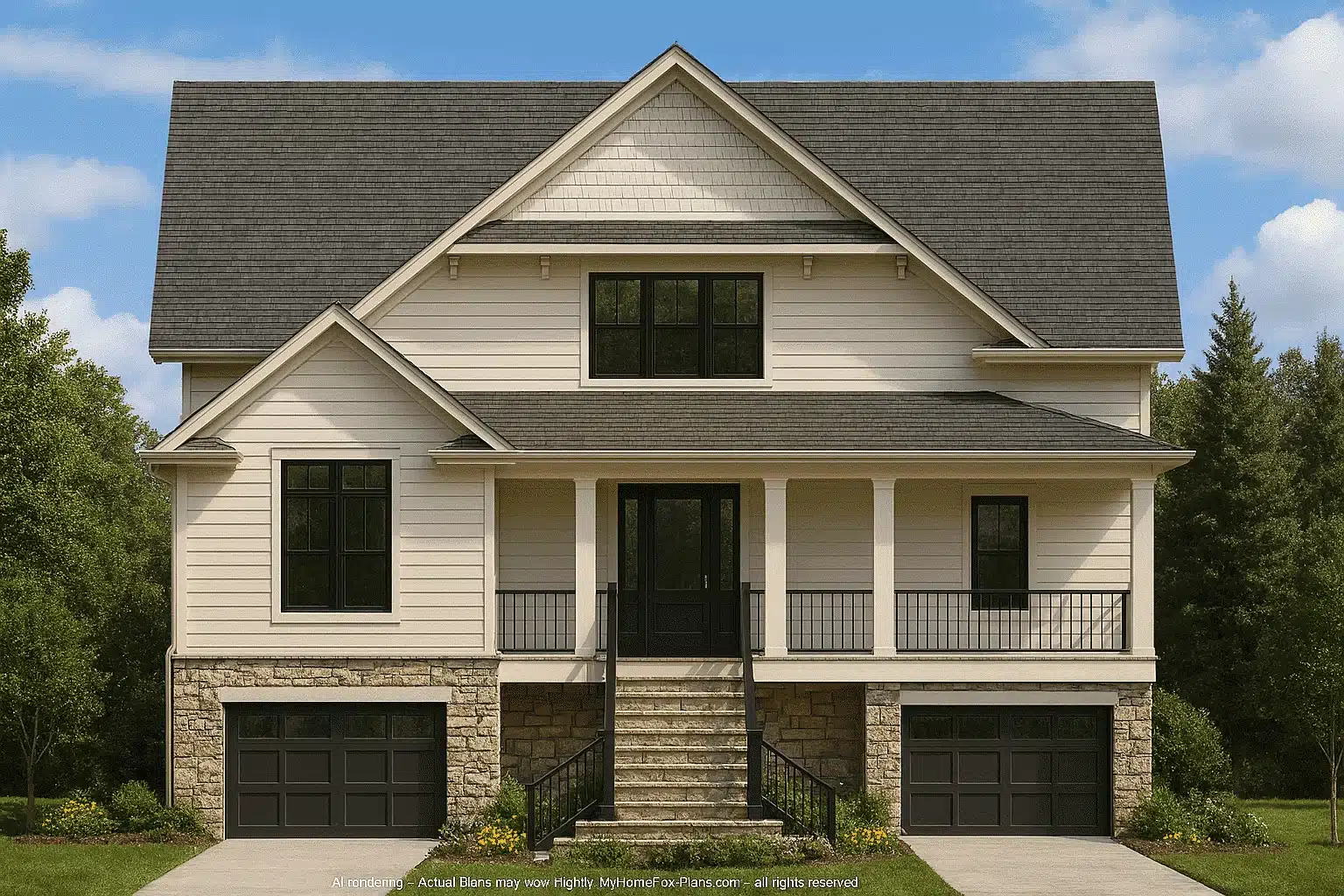 Front elevation of a Modern Farmhouse style home with horizontal siding, stone foundation, black-framed windows, and dual front-entry garages beneath an elevated porch