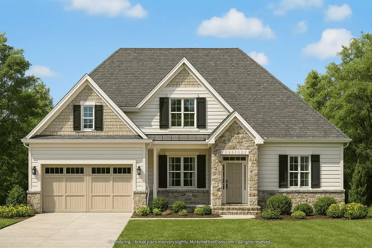 Front view of a Traditional Transitional style home featuring horizontal lap siding, stone accents, and board-and-batten gables with a welcoming covered porch entry