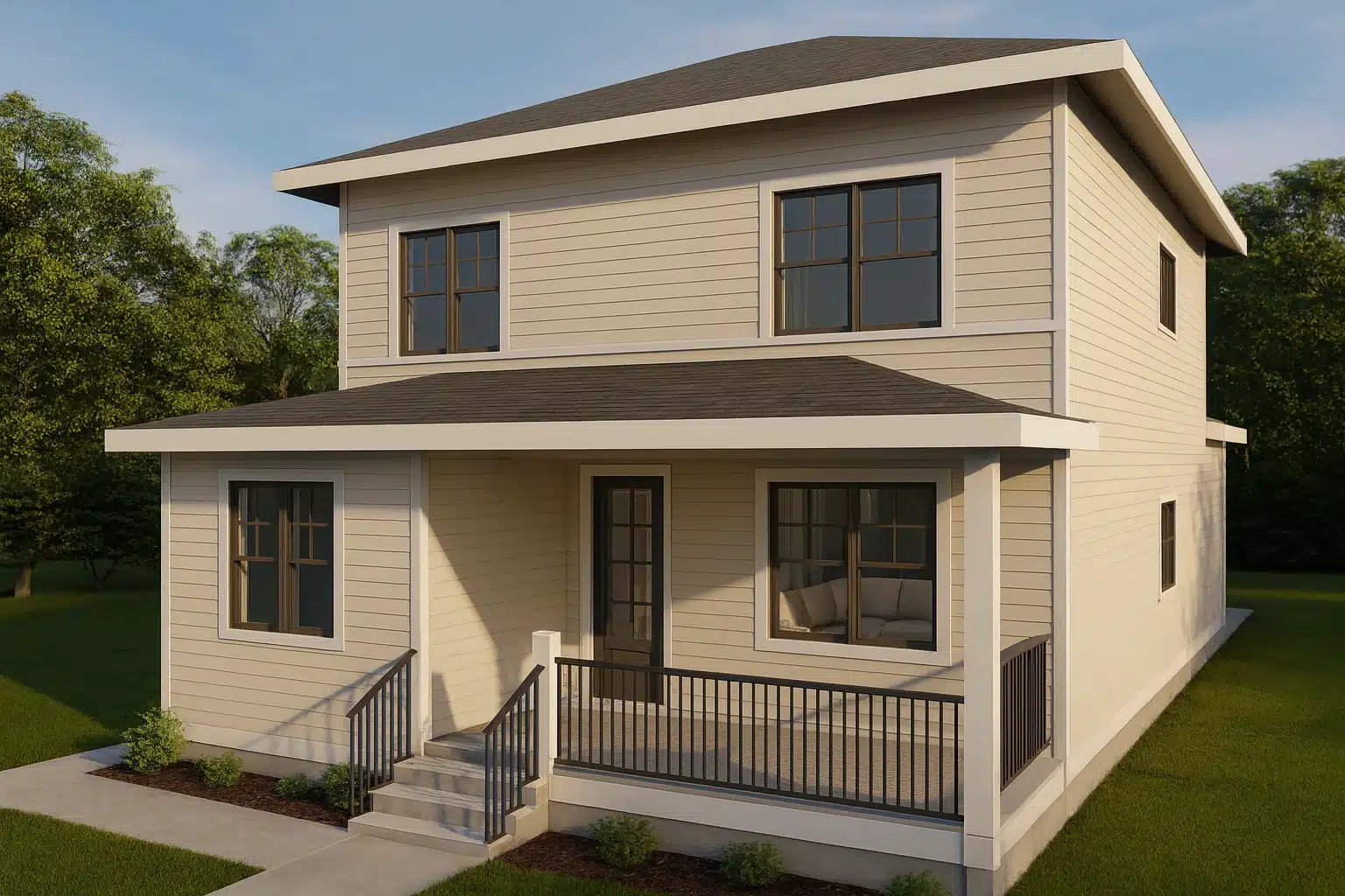 Front view of a two-story Traditional Transitional style home with horizontal siding, dark window trim, and a covered front porch entry