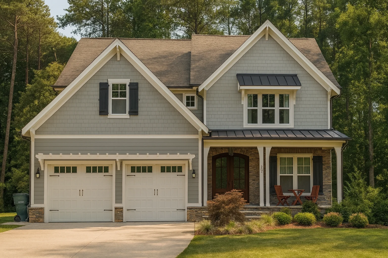 Front view of a Transitional Craftsman style house featuring gray shake siding, stone columns, board and batten trim, and a welcoming covered porch entry