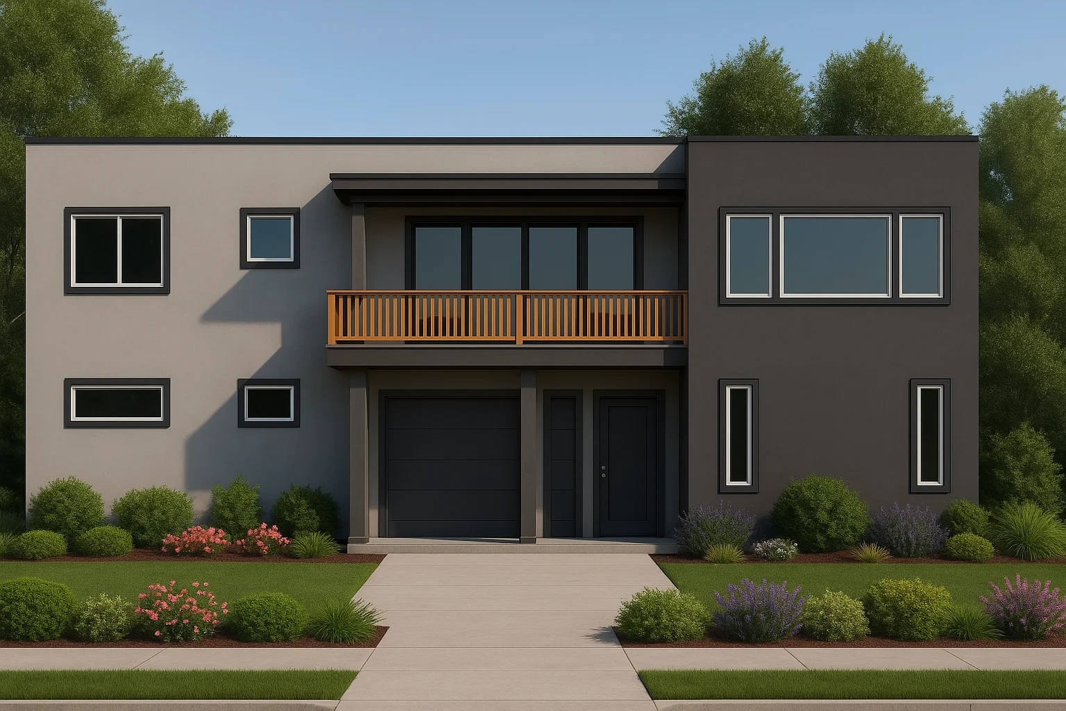 Front elevation of a Modern Contemporary style home featuring smooth stucco exterior, flat rooflines, and minimalist balcony design