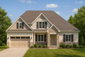 Front view of a Traditional Transitional style home featuring horizontal lap siding, stone accents, and board-and-batten gables with a welcoming covered porch entry