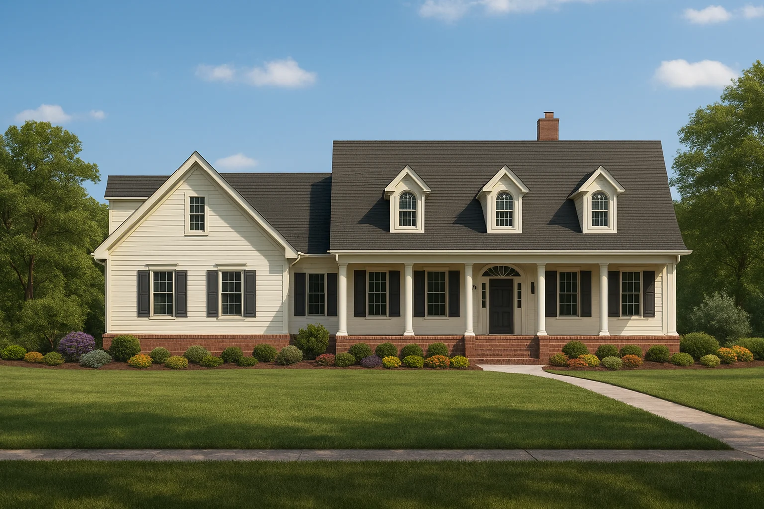 Colonial Farmhouse House Plan with Vaulted Ceilings & Detached Garage