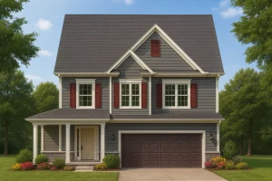 Front elevation of a Traditional Colonial Revival style home featuring gray siding, red shutters, gable rooflines, and a two-car garage