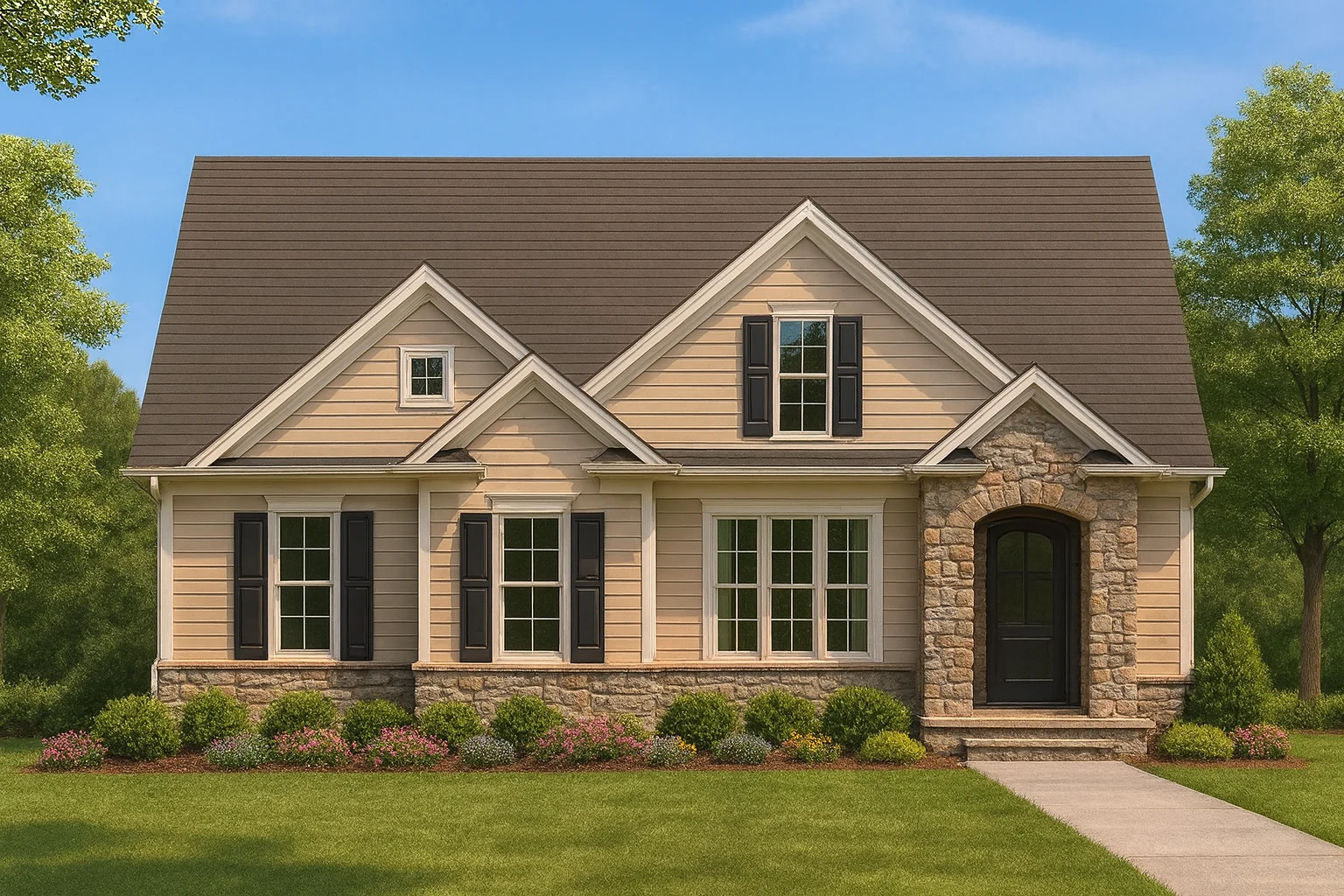 Front view of a Traditional Transitional style home featuring a mix of horizontal lap siding and stone exterior with dark shutters and a welcoming arched entryway