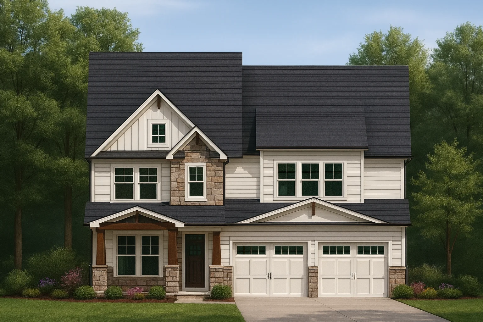 Front view of Modern Farmhouse Craftsman style house with board and batten siding, stone accents, and covered porch entry