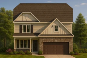 Front view of a Traditional Transitional style house featuring a blend of stone, board and batten, and horizontal siding with a gabled roof and covered front porch.