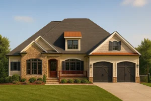 Front view of Traditional Craftsman home showcasing stone base, shingle and siding accents, and double front gables with covered porch