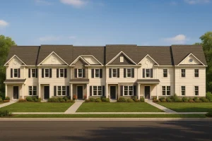 Townhome Floor Plans 9 Front elevation view of a Traditional Colonial Revival townhouse row featuring symmetrical façades, board and batten, lap siding, and stone accents under gabled roofs