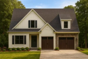 Front elevation of a Modern Farmhouse style home featuring board and batten siding, horizontal lap siding, stone accents, and a two-car garage with dark wood doors