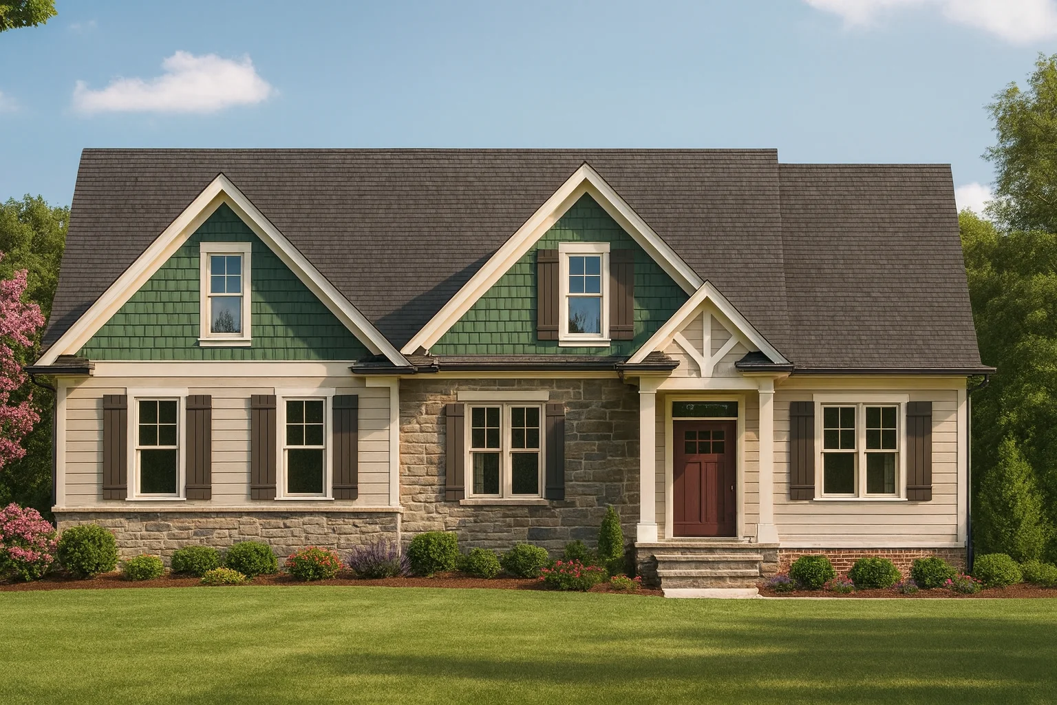 Front view of Craftsman Traditional style home featuring stone veneer, horizontal siding, and shingle accents in gables with covered porch entry