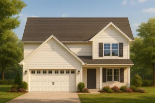 Front view of a two-story Traditional and New American style home featuring light horizontal siding, dark shutters, and a welcoming covered entry