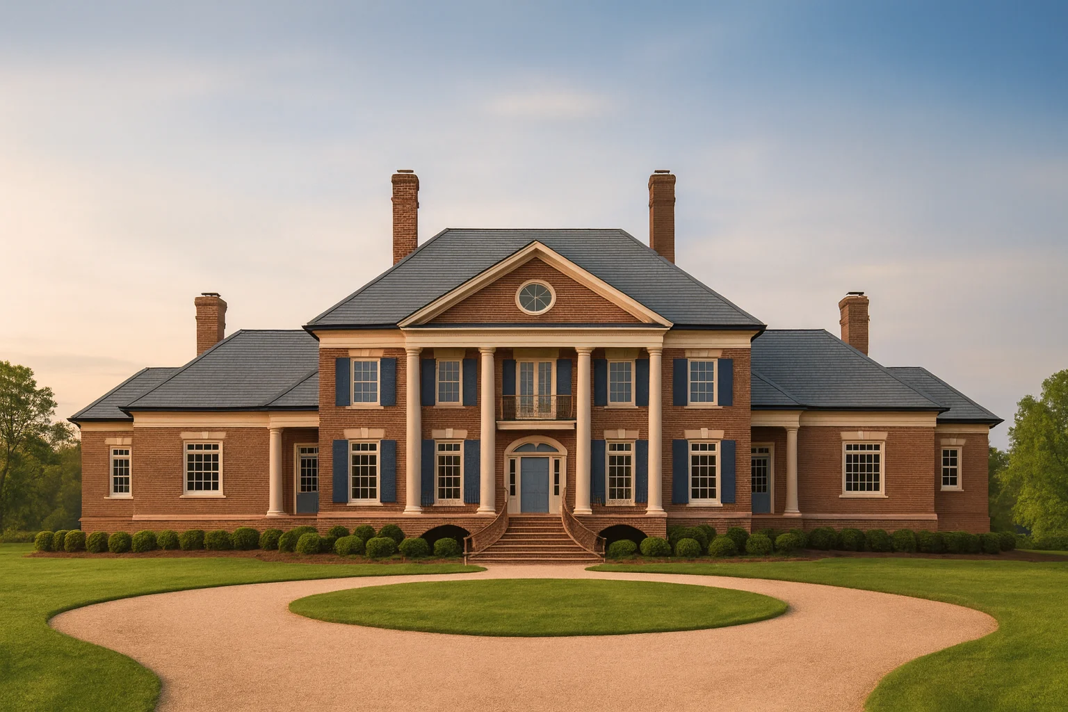 Front elevation of a Georgian Neoclassical style home featuring a symmetrical brick exterior, classical columns, and balanced window design