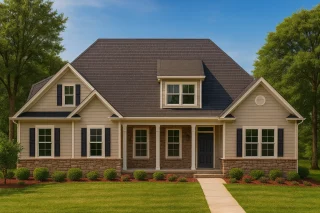 Front view of a Traditional Craftsman style house featuring stone wainscoting, horizontal siding, and a welcoming covered front porch