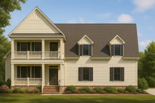 Front elevation of a Colonial Traditional style home featuring cream horizontal siding, black shutters, and a brick foundation for timeless Southern charm