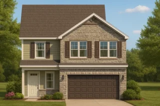Front elevation of a two-story Traditional Colonial style home with stone and horizontal siding exterior, symmetrical windows, and double garage