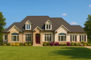 Front elevation of a Traditional Transitional style home featuring stone and horizontal siding, gabled rooflines, and red front door entry