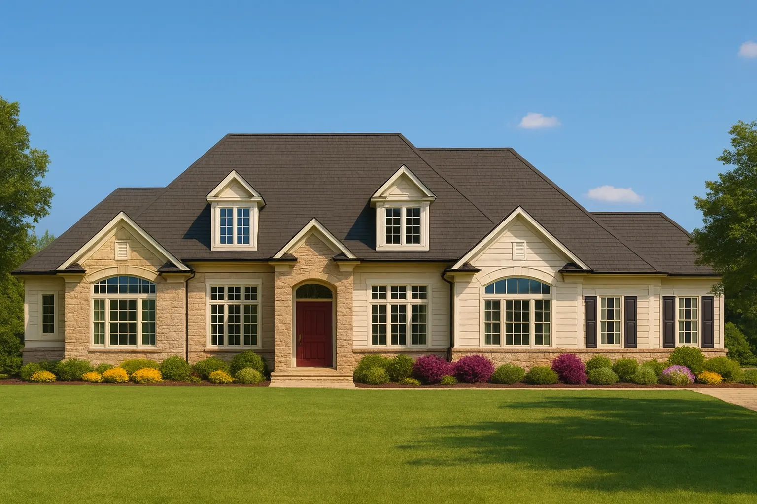 Front elevation of a Traditional Transitional style home featuring stone and horizontal siding, gabled rooflines, and red front door entry