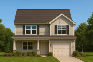 Front elevation of a Traditional New American style home featuring horizontal siding, board and batten accents, stone column bases, and a front-entry garage.
