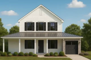 Front view of a two-story Modern Farmhouse home with board and batten siding, black shutters, metal roof, and stone accents around the garage entry