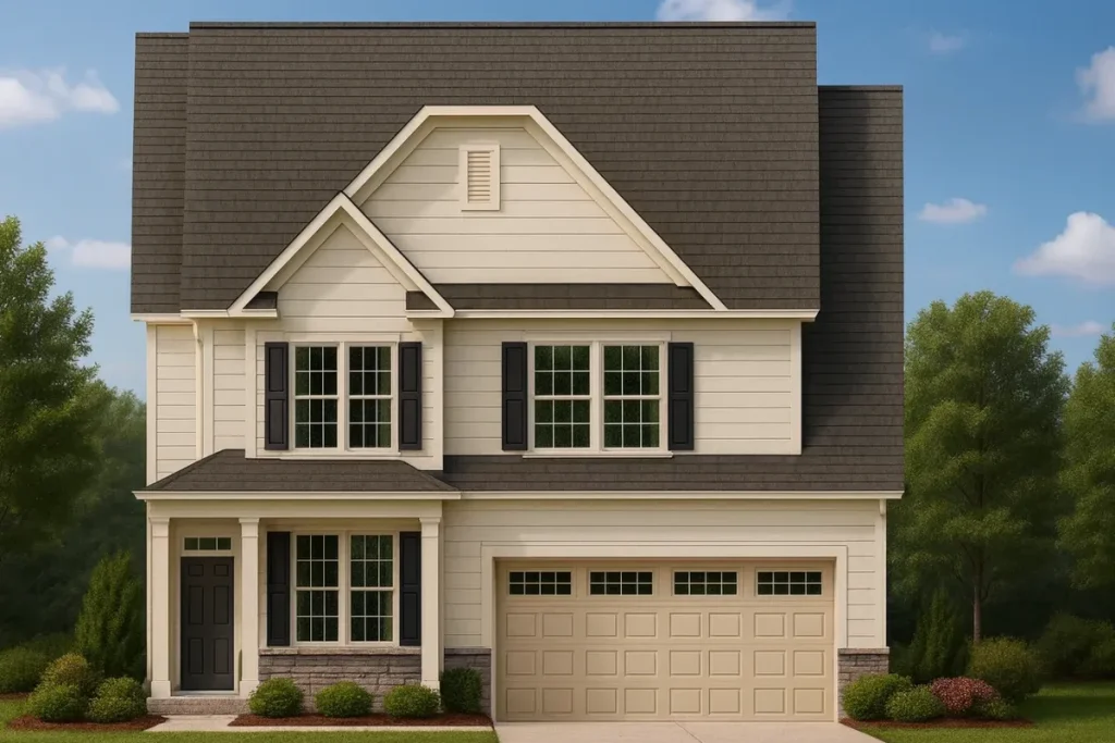 10-1120 HOUSE PLAN -Traditional Colonial Home Plan - 4-Bed, 3-Bath, 2,450 SF 1 Front elevation of a Traditional Colonial home featuring beige horizontal siding, black shutters, gable rooflines, and partial stone base detailing.