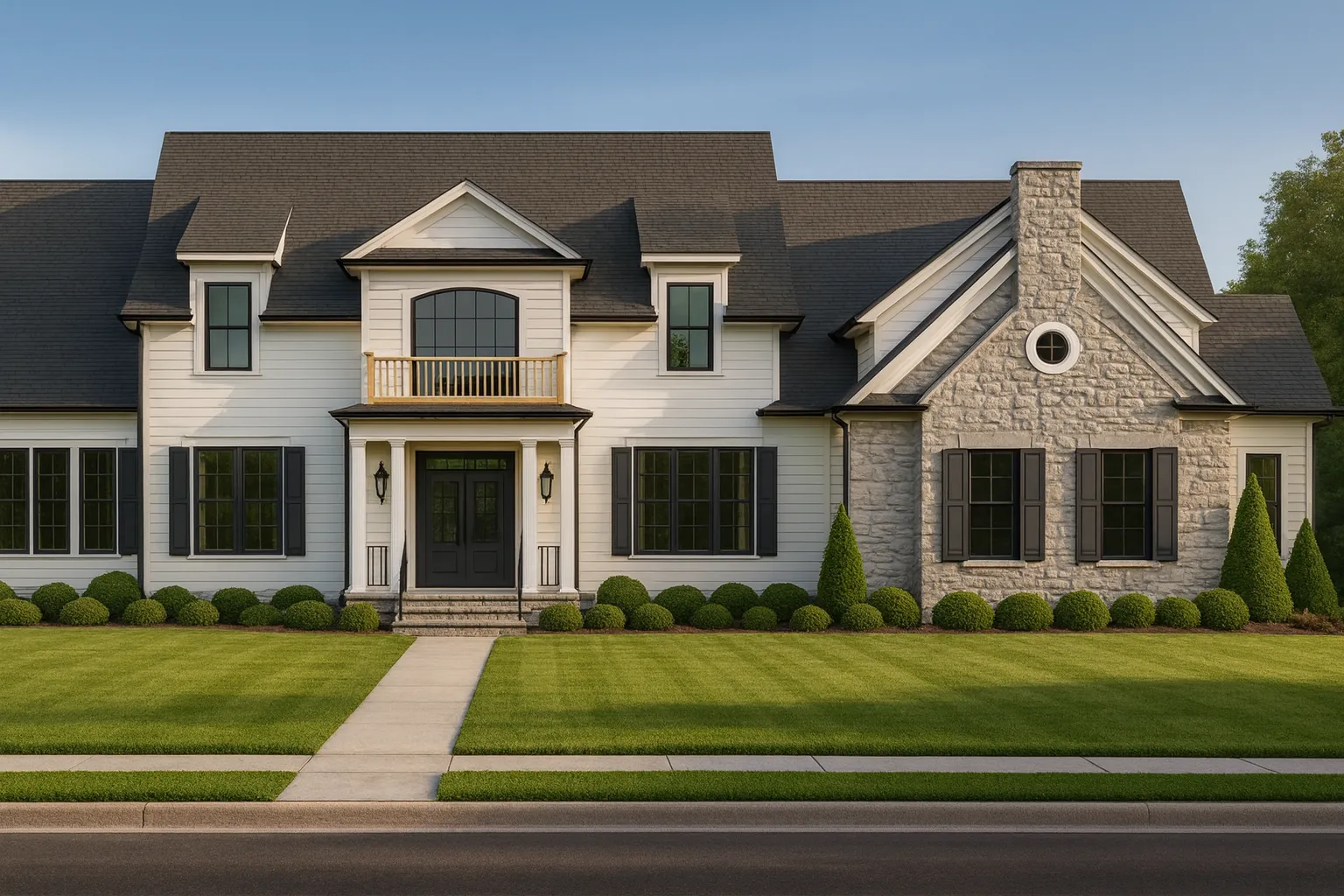 Front view of Modern Farmhouse with board and batten siding, stone accents, gable roofs, and classic black window trim