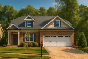 Front view of a Traditional Ranch style home featuring a brick façade, siding accents, dormer windows, and a two-car garage