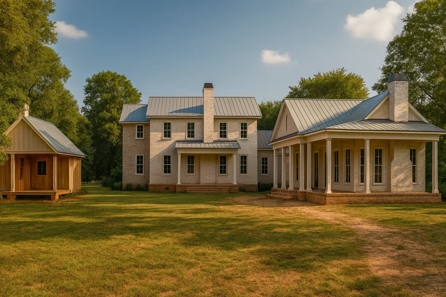 Front elevation of a Southern Farmhouse featuring a brick and board-and-batten exterior, metal roof, and wraparound porch with classic columns