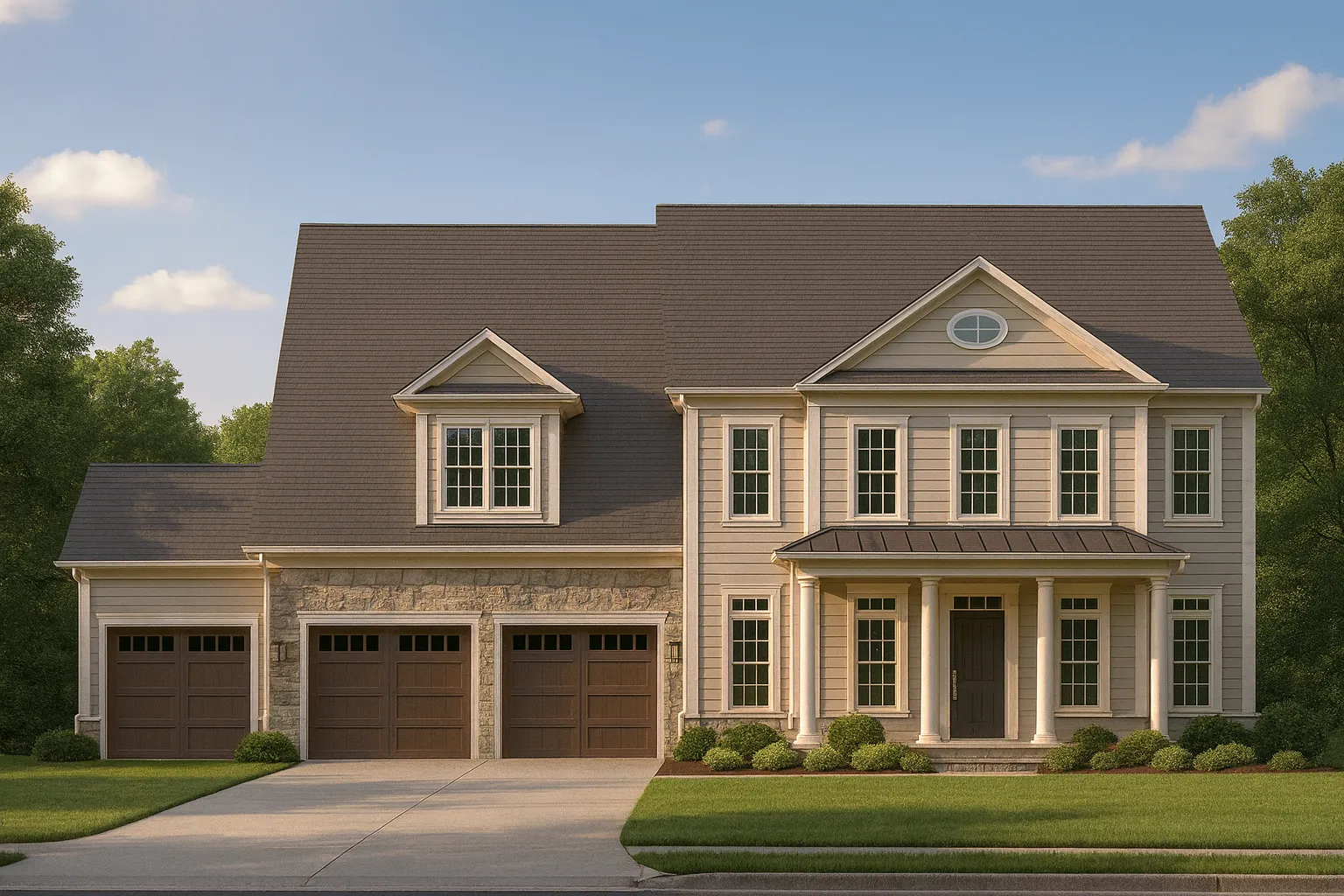 Front view of Colonial Traditional style house featuring horizontal siding, stone accents, and three-car garage with classic symmetry