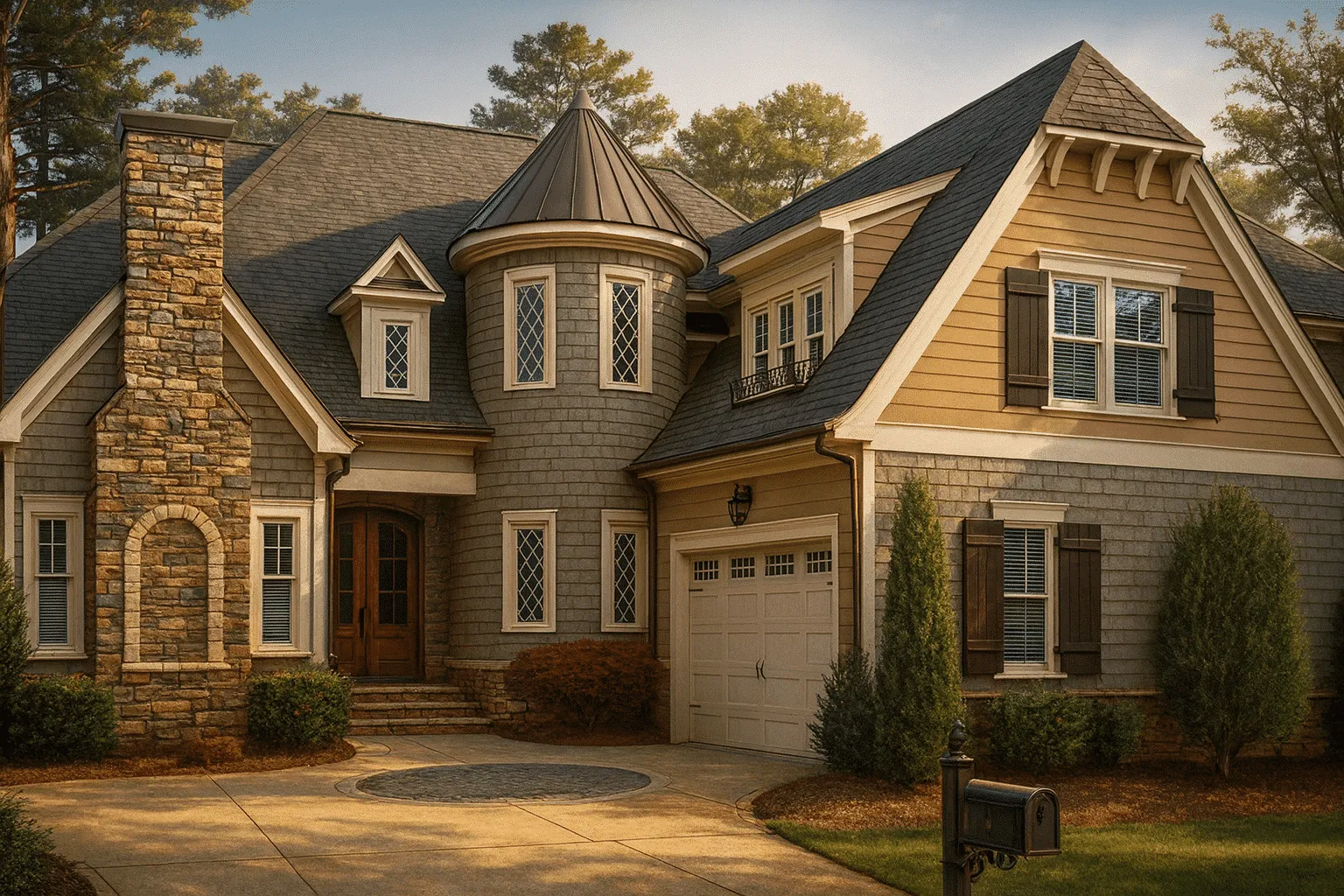 Front view of a French Country Tudor Revival home featuring stone and horizontal siding, steep rooflines, and a turreted entry for timeless European charm