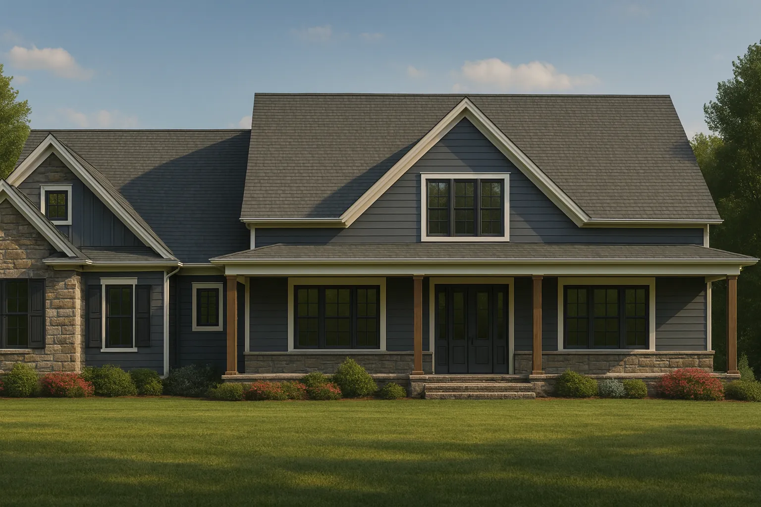 Front view of a Modern Farmhouse and Craftsman style home featuring stone accents, board and batten siding, and dark trim windows under a steep gable roof.