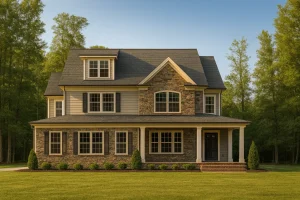 New American House Plans 10 Front view of a two-story Traditional Colonial home featuring stone and siding exterior, symmetrical windows, and covered front porch with classic columns