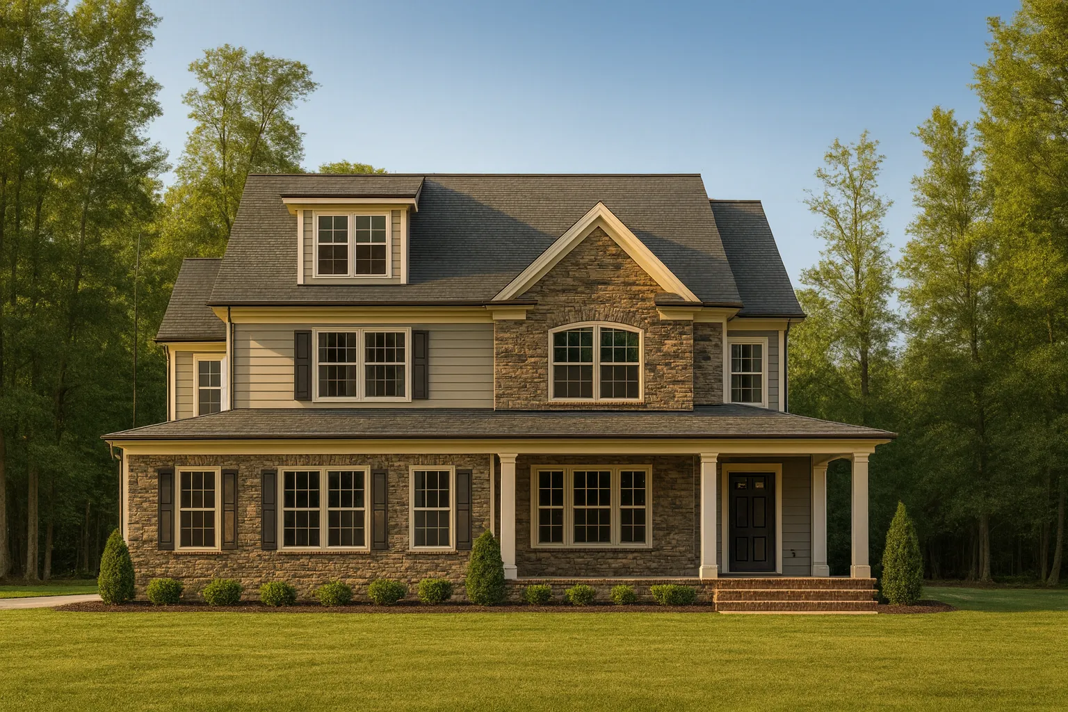Front view of a two-story Traditional Colonial home featuring stone and siding exterior, symmetrical windows, and covered front porch with classic columns
