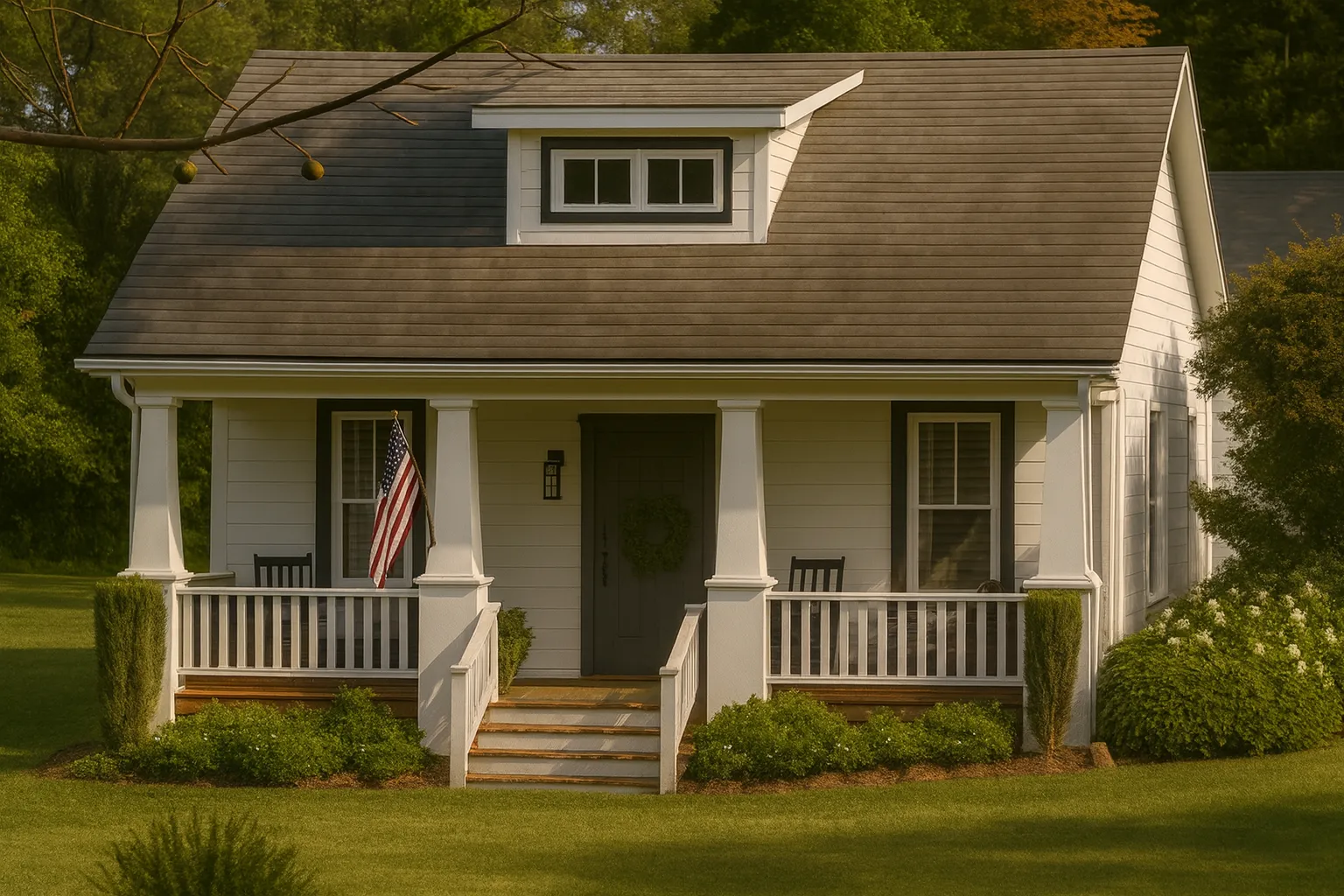 Front view of a cozy American Cottage style home featuring white lap siding, gable roof, front porch, and a single dormer above the entry.