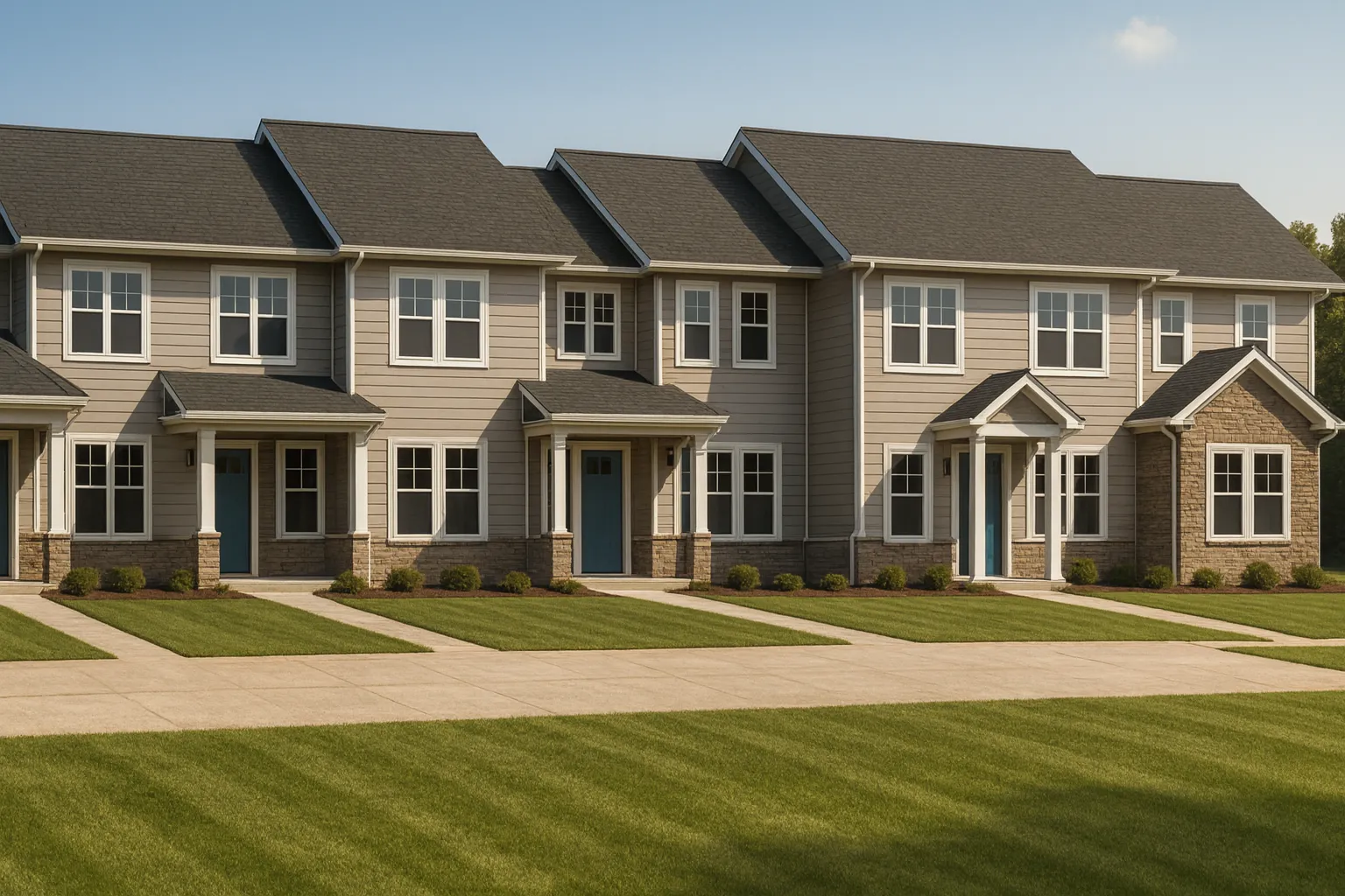 Front view of a Traditional Townhouse featuring horizontal lap siding, brick accents, and a symmetrical multi-unit facade with clean suburban appeal