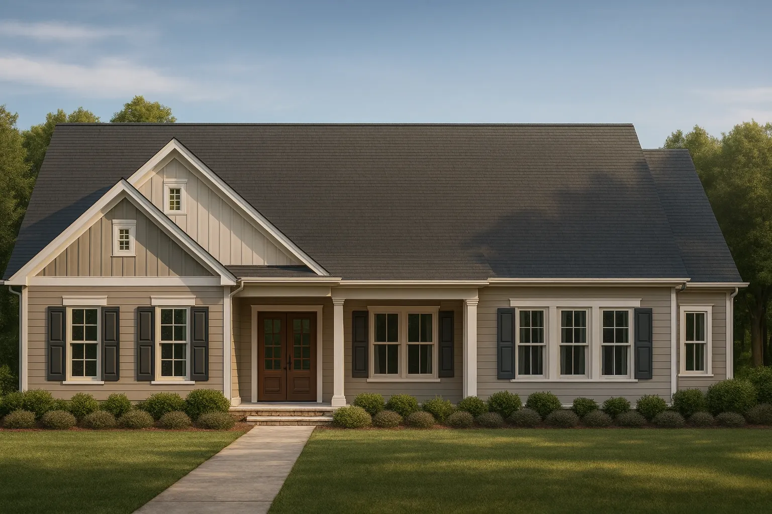 Front view of a Traditional Ranch style home featuring a mix of horizontal siding and board-and-batten gable accents with a welcoming front porch entry.