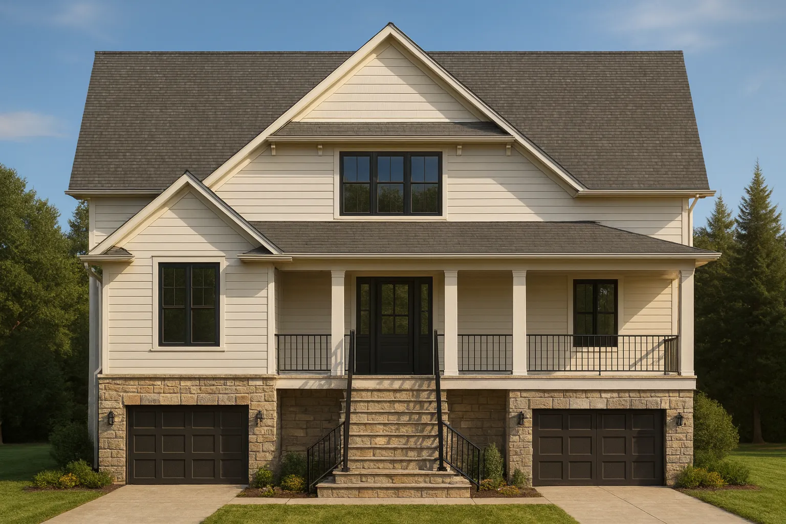 Front elevation of a Modern Farmhouse style home with horizontal siding, stone foundation, black-framed windows, and dual front-entry garages beneath an elevated porch