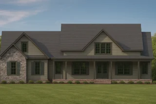 Front view of a Modern Farmhouse and Craftsman style home featuring stone accents, board and batten siding, and dark trim windows under a steep gable roof.