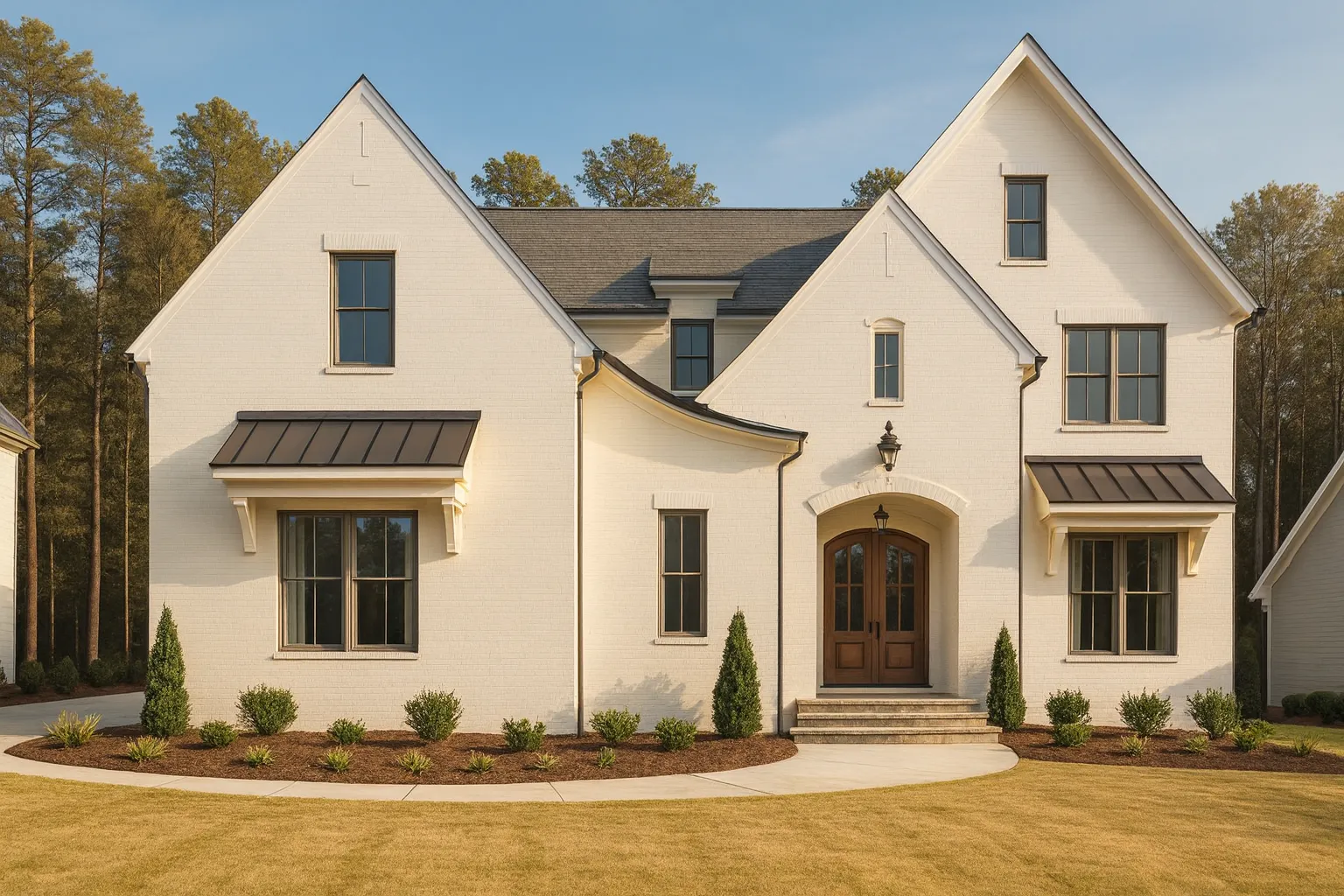 Modern Farmhouse home with white brick exterior, gable roof, and transitional architectural design
