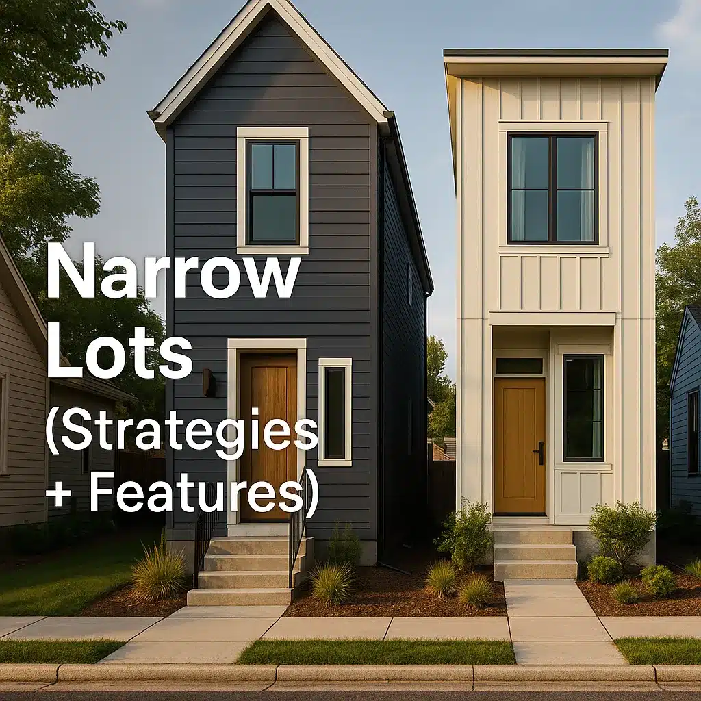 Narrow Lot home design concept with tall windows and alley-access garage