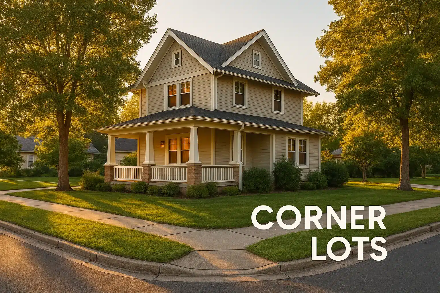Corner lot home design with wraparound porch and dual street views