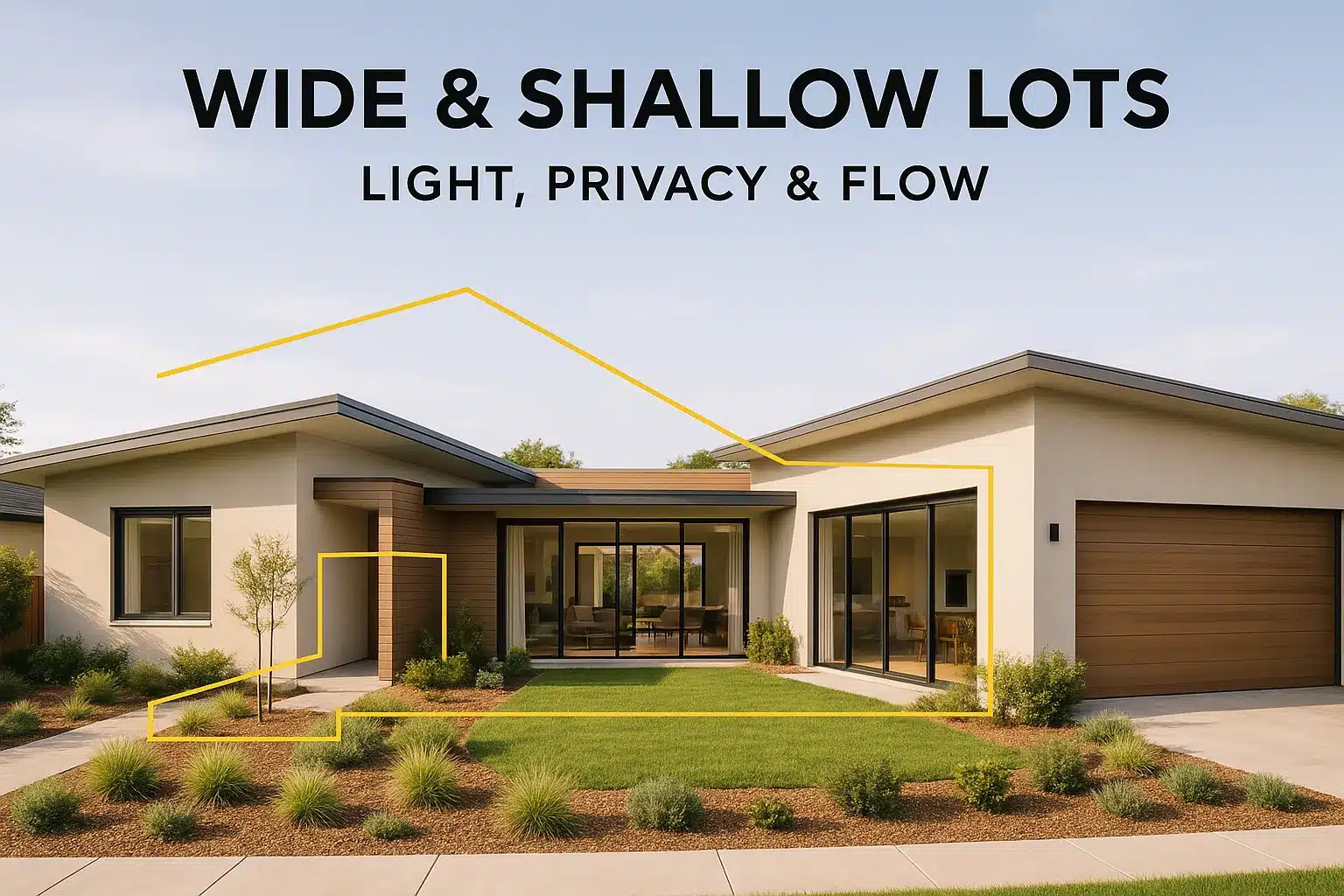 Wide and shallow lot home design with courtyard and side-load garage