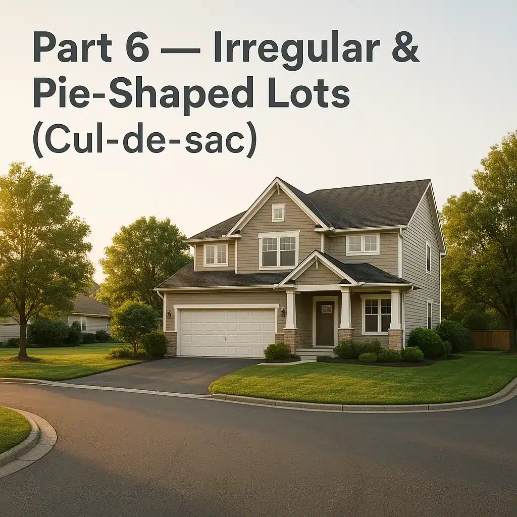 Irregular pie-shaped cul-de-sac lot home design with wide backyard