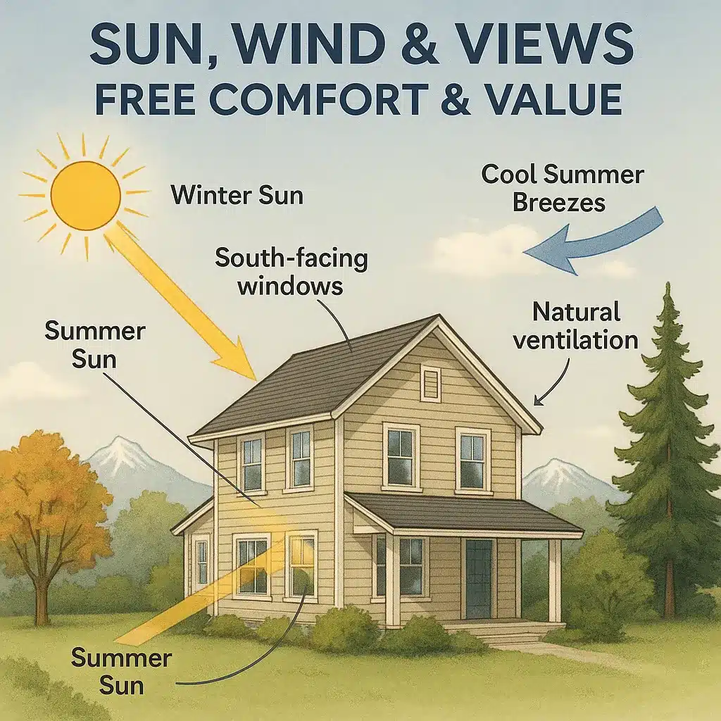 House design optimized for sunlight, wind direction, and scenic views