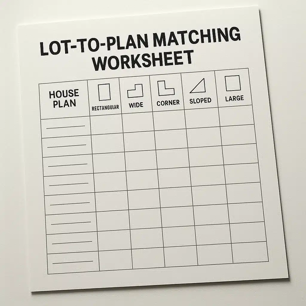 Lot-to-plan matching worksheet concept with checklist and plan comparisons